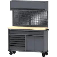 HBM établi mobile 136 cm avec 7 tiroirs et armoire supérieure, gris