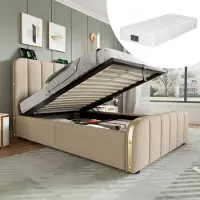 Sweiko Lit simple rembourré, tête de lit avec bandes dorées et USB type C 90 x 200 cm, Lit hydraulique avec matelas