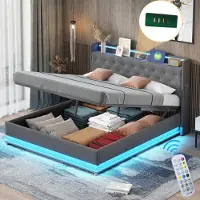 Sweiko LED Lit rembourré 160x200 cm avec prise de charge USB et support hydraulique, tissu en lin gris doux pour la peau