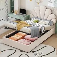 Sweiko Lit d'enfant rembourré 90 x 200 cm, avec tête de lit et sommier à lattes, avec tête de lit réglable en hauteur et espace de rangement hydraulique, beige
