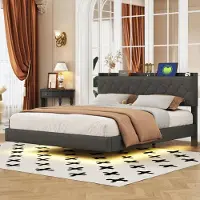 Sweiko Lit rembourré 160x200 cm , lit double en tissu de lin doux pour la peau avec sommier à lattes gris