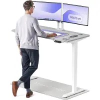 Desktronic HomePro Bureau électrique réglable en hauteur 140x70cm blanc/gris avec fonction mémoire, technologie anti-collision, ports de charge USB-A et USB-C