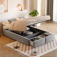 Sweiko 140 x 200cm lit rembourré, lit plateforme, lit rembourré sans tête de lit, avec support hydraulique et 2 tiroirs, gris