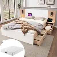 Sweiko Lit double en bois 140×200cm avec 2 tiroirs,tête de lit avec USB,2 chevets,chêne/blanc,avec matelas