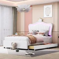Sweiko Lit d'enfant Lit rembourré 90 x 200 cm,avec tiroirs de rangement, lampes LED, sommier à lattes et dossier