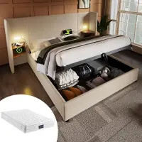 Sweiko Lit double rembourré 160×200 avec table de nuit, lampe de lecture et USB Type-C , Ensemble literie Lit de rangement, Beige, linAvec matelas