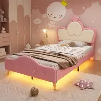 Sweiko Lit rembourré 90x200CM, lit d'enfant, avec bords de protection souples, bande LED monochrome, tête de lit avec couronne,lit simple, PU, rose+blanc