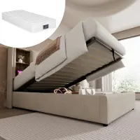 Sweiko Lit simple avec chargement sans fil USB C, Lit rembourré Cadre de lit 90x200cm,Cadre de lit avec espace de rangement Sommier à lattes ,Lin avec matelas