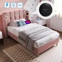 Sweiko Lit rembourré 90 x 200 cm Lit simple avec USB Type C , Cadre de lit avec sommier à lattes , lit en rose, Cadre de lit Lit d'adolescent