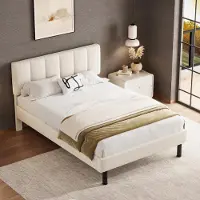 Sweiko Lit rembourré, pieds en fer,sommier à lattes, design simple, 140 x 190, matelas non fourni, tissu sherpa, beige