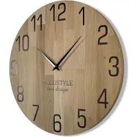 FLEXISTYLE Horloge murale diamètre naturel aspect bois 100% chêne, bois moderne, salon, sans bruit de tic-tac (50cm, noir)