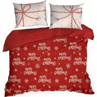 Eurofirany Linge de lit KEVIN 220x200 cm Noël Housse de couette ensemble rouge blanc Joyeux Noël