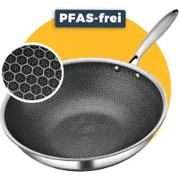 Pasper Wok poêle Ø 28 cm - Sans & PTFE - Induction, électrique, céramique & gaz - Poêle en acier inoxydable avec revêtement anti-adhésif en nid d'abeille
