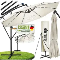 Tresko tillvex Parapluie Beige LED Solaire Ø 350 cm avec manivelle | Parasol avec interrupteur on/off | Parasol de jardin protection UV aluminium | Parasol à manivelle avec support Parasol de marché étanche