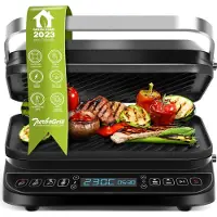 TurboTronic Gril de contact - CG900 - plaques amovibles, écran LCD,numérique, ouverture à 180°, gril de table, appareil à panini, barbecue électrique, argent Argent