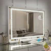 Vanitii Hollywood miroir de maquillage 80cm x 58cm avec éclairage LED 3 modes de lumière cristaux Bluetooth miroir de maquillage pour salle de bain coiffeuse blanc