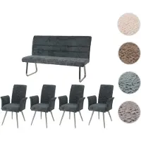Mendler Set de salle à manger HWC-G55, set de 4 chaises avec accoudoirs+banc 160cm, inox brossé tissu/textile chenille bleu-vert