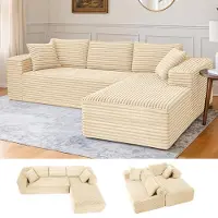 COMHOMA Sofa Big-Sofa, Canapé en L, Canapé d'angle, Chaiselongue Canapé-lit avec assise profonde et larges accoudoirs, tissu velours côtelé, Beige-L