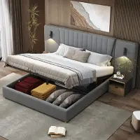 Sweiko Lit rembourré 180x200cm, lampe de lecture avec direction réglable, avec prise de charge USB, lit de rangement hydraulique, lit double, gris