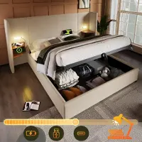 Sweiko Lit double rembourré 160×200 avec table de nuit, lampe de lecture et USB Type-C , Ensemble literie Lit de rangement, Beige, linSans matelas