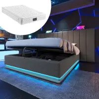 Sweiko Lit rembourré 160×200, Lit double avec App Control LED ,Lin, Gris, Avec matelas, Sans table de nuit