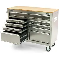 HBM servante d’atelier mobile avec plan de travail en bois, 117 cm, acier inoxydable