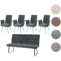 Mendler Set de salle à manger HWC-G55, set de 4 chaises avec accoudoirs+banc 180cm, inox brossé tissu/textile chenille bleu-vert