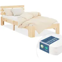 Homestyle4u Lit simple en bois 90x200 avec matelas à ressorts naturelle pin Cadre de lit en bois massif sommier à lattes