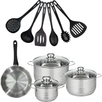 Fackelmann Batterie de cuisine avec 1 poêle 20 cm et 3 faitouts 16/20/24 cm et 6 ustensiles de cuisine sans PFAS Généva Brillant Fénix