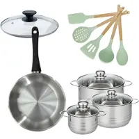 Fackelmann Batterie de cuisine avec 3 faitouts 16/20/24 cm et 1 poêle 28 cm avec 6 ustensiles de cuisine Généva Brillant Ocean avec couvercles