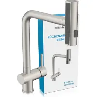 Bächlein Robinet de cuisine Erino (acier inoxydable brossé) – Robinet de lavabo à une main avec douchette extractible et pivotante, offrant 3 types de jets