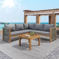 OKWISH Salon de Jardin 4-5 Places - Ensemble Mobilier avec Canapé d'Angle, Table en Bois Massif et Coussins, Structure Métal, Gris