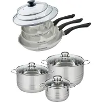 Fackelmann Set de 3 poêles 20 24 et 28 cm en inox et couvercles, 3 faitouts inox 16, 20 et 24 cm Geneva
