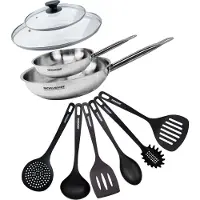 Fackelmann Set de 2 poêles de 20 et 28 cm en inox, 2 couvercles en verre et 6 ustensiles Eterna