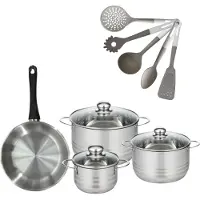 Fackelmann Batterie de cuisine avec 3 faitouts 16/20/24 cm et 1 poêle 24 cm avec 5 ustensiles de cuisine Généva Brillant Vario