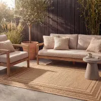 FRAAI Tapis d'extérieur en jute - Mavi Border Crème/Marron | 120x170 cm | Rectangulaire | Tissage plat