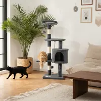 Belviona Arbre à chat, compact 112 cm avec balles de jeu, sisal & grotte de câlins, gris foncé