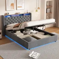 MODFU Lit tapissé 140x200 avec coffre de rangement, lit pour adolescent avec tête de lit de rangement, éclairage LED et prise,sans matelas,gris foncé