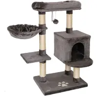 Lionto Arbre à chat 93 cm avec grotte, bac de repos, balle de jeu & troncs en sisal, arbre à chat compact, gris foncé