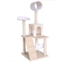 Lionto Arbre à chat, arbre à chat élégant de 133 cm, recouvert de peluche, troncs en sisal robustes & surfaces de repos polyvalentes, beige/blanc