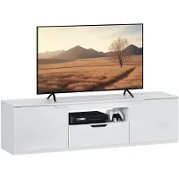 HOMCOM Meuble TV bas brillant pour téléviseurs jusqu'à 65 pouces, 3 étagères, 1 tiroir, blanc