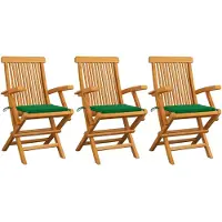 vidaXL Chaises de jardin avec coussins verts 3 pcs. Bois massif teck