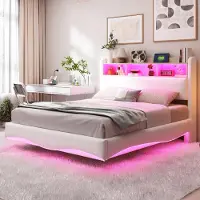 Sweiko Lit design suspendu rembourré 140x200 en tissu lin, lit de rangement avec lumière LED, interface USB et TYPE-C Beige