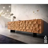DELIFE Meuble-TV Solu 175 cm acacia naturel 2 portes 2 tiroirs pied flottant métal noir façade 3D