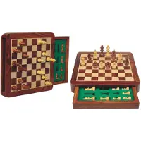 HOT Games Jeu d'échecs magnétique en bois d'acacia avec tiroir, 19,5 x 19,5 cm