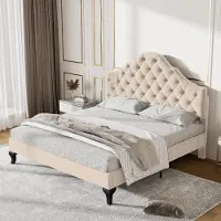 Sweiko Lit capitonné 140 x 190 avec sommier à lattes et tête de lit, lit capitonné avec tête de lit réglable en hauteur, beige