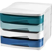 Cep Boîte à tiroirs Riviera, 4 tiroirs, blanc / bleu en polystyrène, empilable, convient pour DIN A4 (A4)
