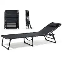 Goliving Lit de soleil pliable Dossier réglable Lounger - 5 supports - 188 x 56 x 29 cm - Coussin de tête inclus - Noir