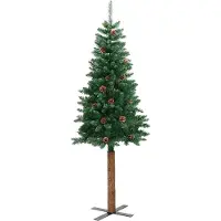 vidaXL Sapin de Noël mince avec bois véritable et cônes vert 210cm PVC