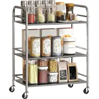 HOMCOM Desserte cuisine, chariot de service à 3 niveaux en acier inoxydable 201 avec 3 étagères et poignées, chariot de rangement à roulettes pour salon, bureau, cuisine, 60 x 35 x 77 cm, argenté